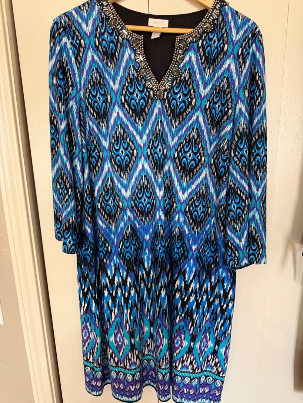 Chico's Blue Teal Purple Patterned Midi Dress with Embellished V-Neck size XL (3